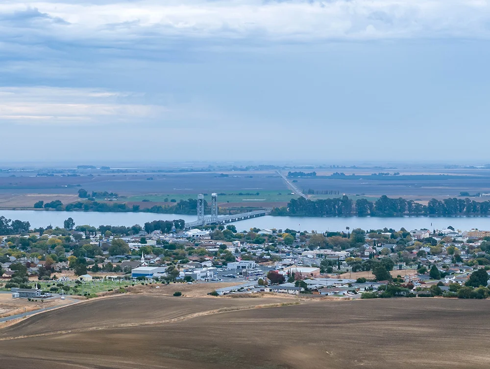 a view from a drone of the City of Rio Vista, California on a gloomy December day