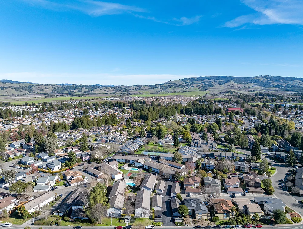 Aerial images over a community in Rohnert Park, California on a beautiful winter day with a blue sky