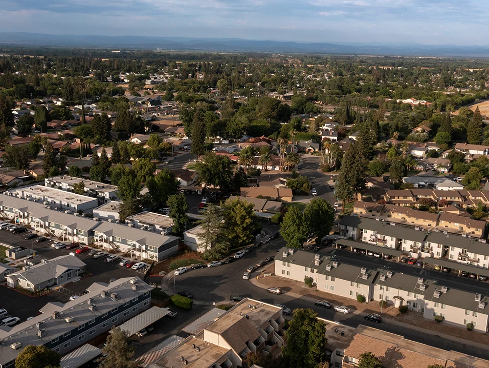 Afternoon aerial view of the urban core of downtown Yuba City, California, USA.