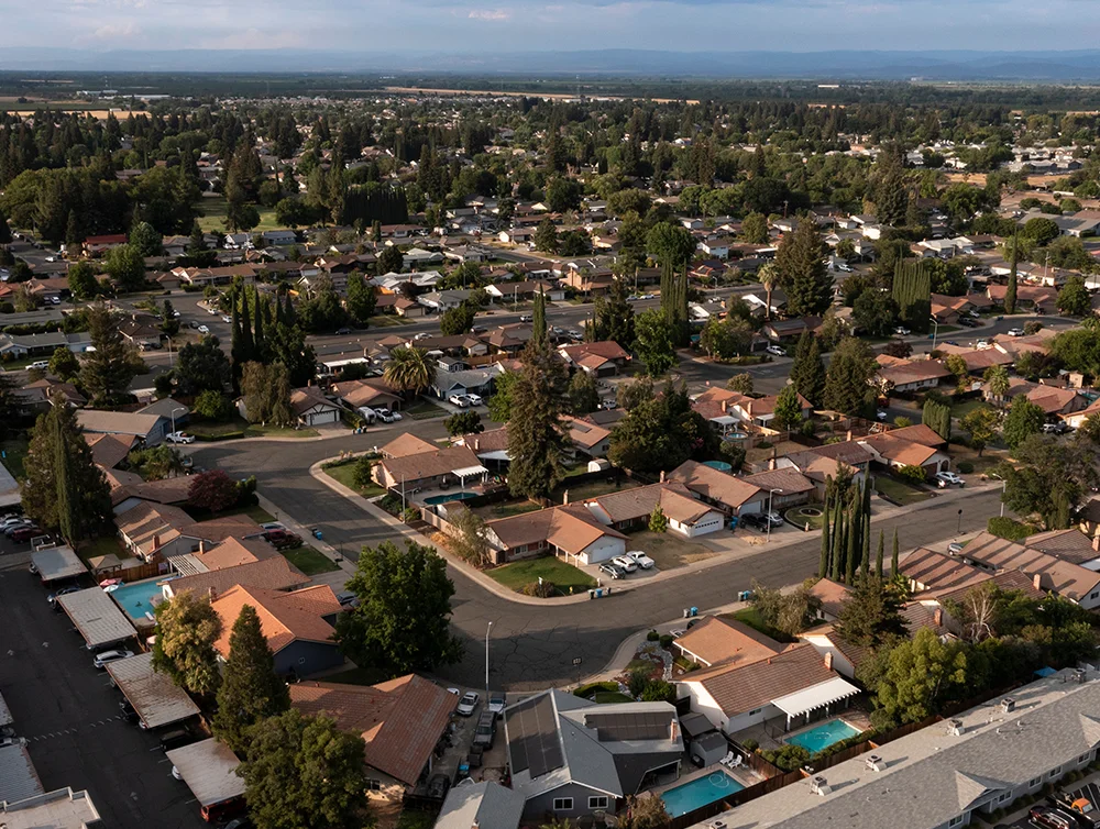 Afternoon aerial view of the urban core of downtown Yuba City, California, USA.