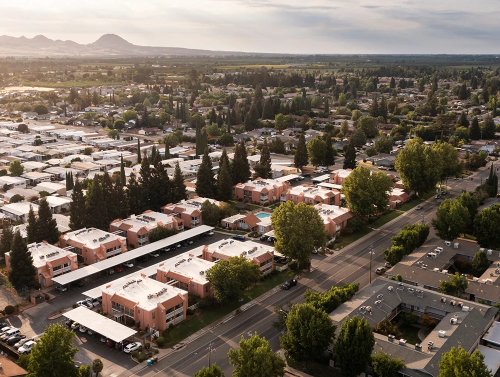 Afternoon aerial view of the urban core of downtown Yuba City, California, USA.