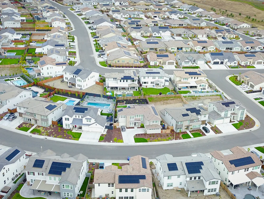 Aerial view of a suburban neighborhood in Northern California