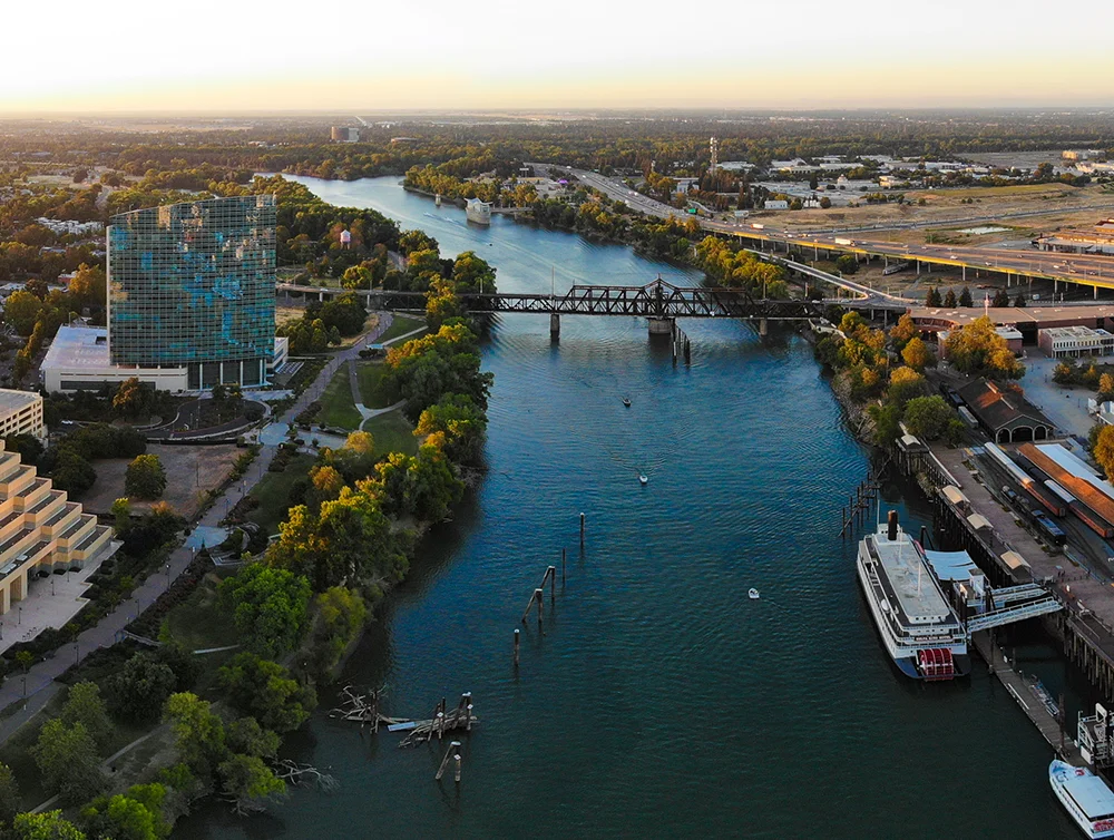 Aerial Panorama of West Sacramento by the river 