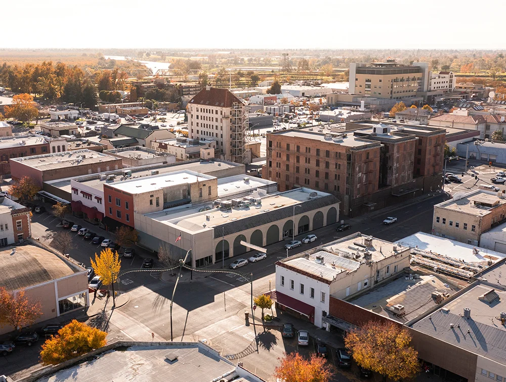 Afternoon aerial view the downtown area and surrounding neighborhoods of Marysville, California, USA.