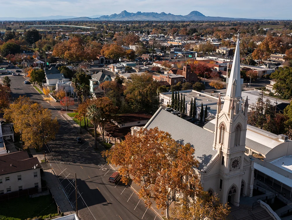 Afternoon aerial view the downtown area and surrounding neighborhoods of Marysville, California, USA.