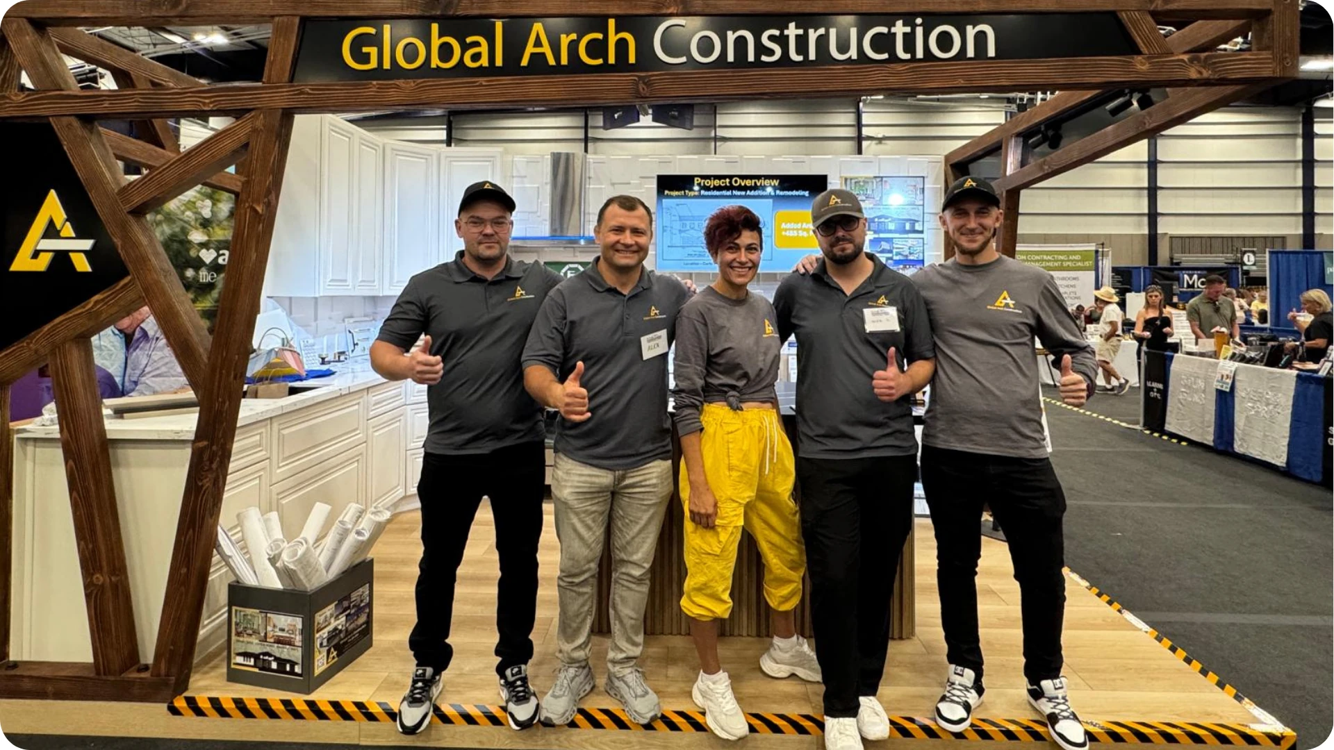 Global Arch Construction team at the Tri-County Home & Garden Expo in Roseville, CA showcasing local design-build construction.