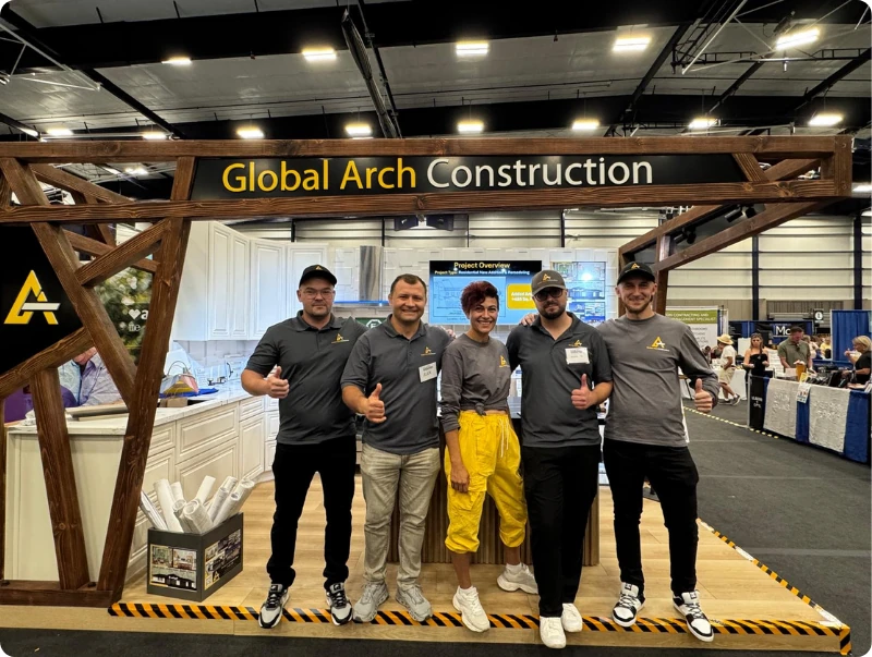 Global Arch Construction team at the Tri-County Home & Garden Expo in Roseville, CA showcasing local design-build construction.