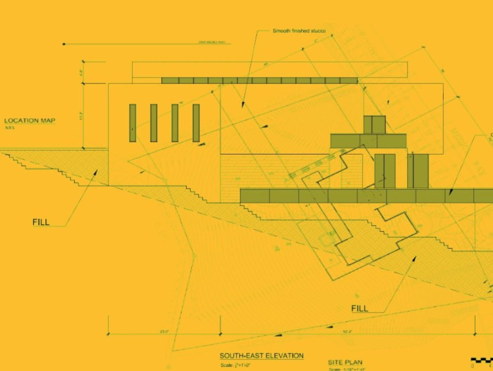 Architectural elevation drawing of a modern hillside home, showing south-east facade with rectangular windows, stepped foundation.