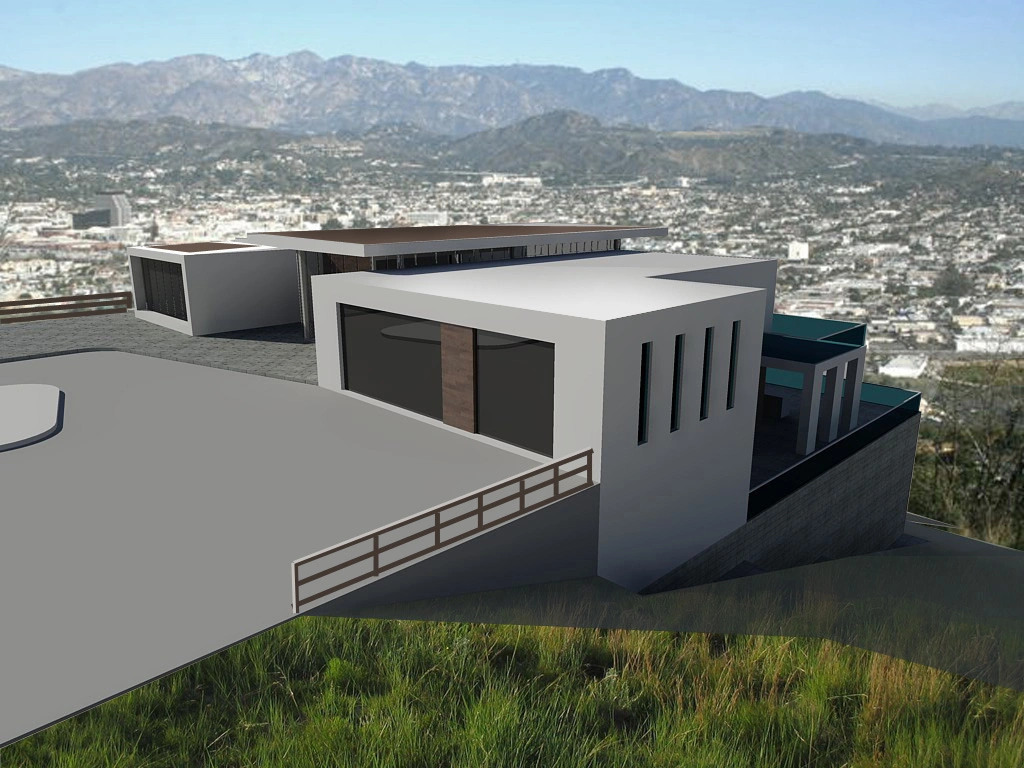 3D rendering by Global Arch Construction of a modern flat-roof hillside home overlooking a city and mountain range.
