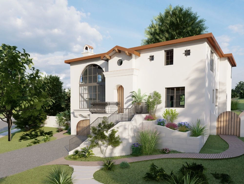Global Arch Construction rendering of Spanish-style two-story home with arched windows and landscaping
