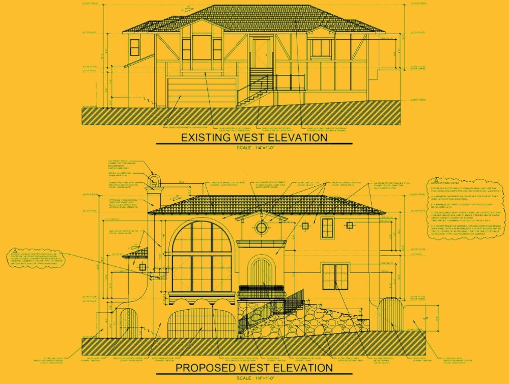 Global Arch Construction architectural drawings of existing and proposed west elevations of residence.