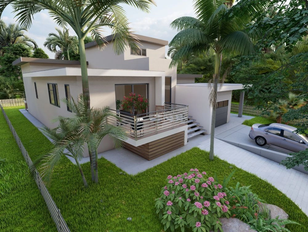 Global Arch Construction modern home rendering with flat roofs, balcony, garage, and tropical landscaping.