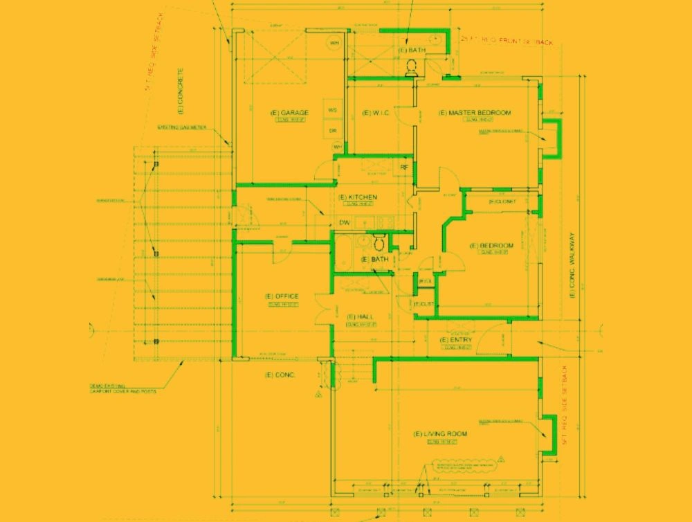 Global Arch Construction detailed floor plan layout showing garage, bedrooms, kitchen, office, and living room.