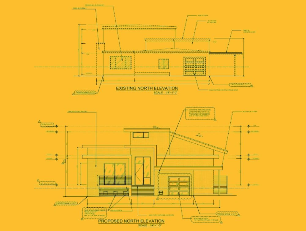 Global Arch Construction architectural drawings of existing and proposed north elevations of residence.”