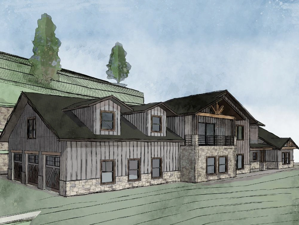Global Arch Construction farmhouse-style rendering with gabled roofs, stone base, and wood siding.”