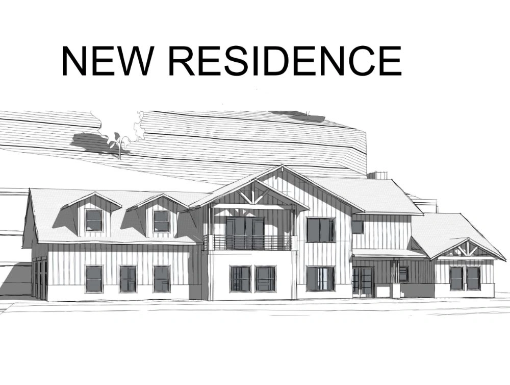 Global Arch Construction Rocklin new residence rendering with gabled rooflines and modern farmhouse style.
