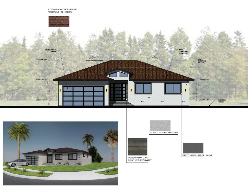 Global Arch Construction Rocklin home elevation with new stucco, cedar siding, and Timberline HDZ roof