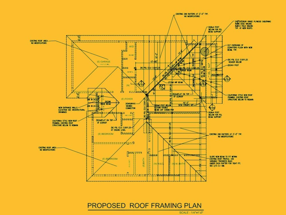 Global Arch Construction proposed roof framing plan for Rocklin residence with structural beam details.