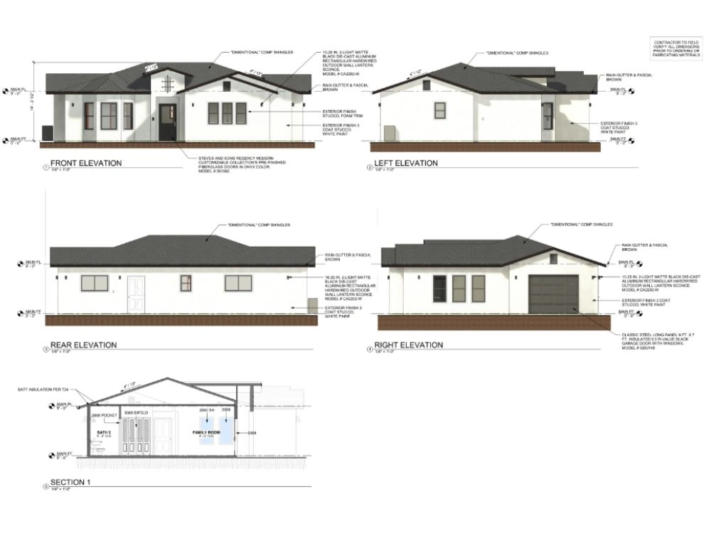 Global Arch Construction Rocklin residence elevation drawings showing front, left, right, and rear facades.