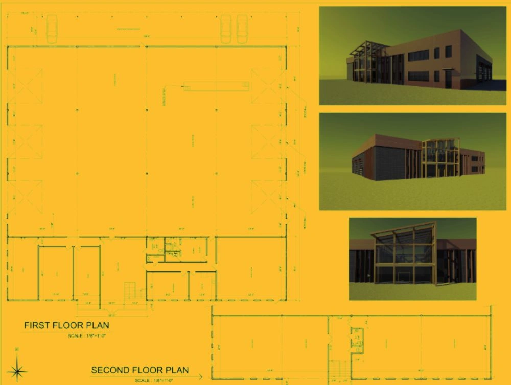 Presentation board with first- and second-floor plans and three exterior renderings of a truck service facility.