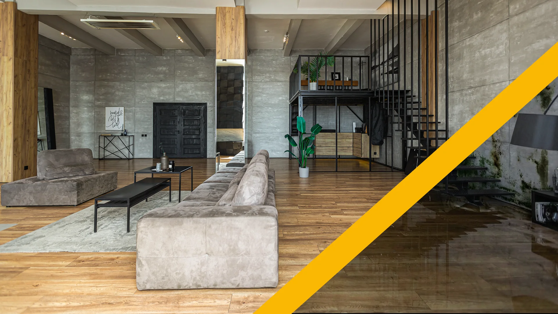 A modern basement showcasing before and after of water damage restoration by Global Arch Construction