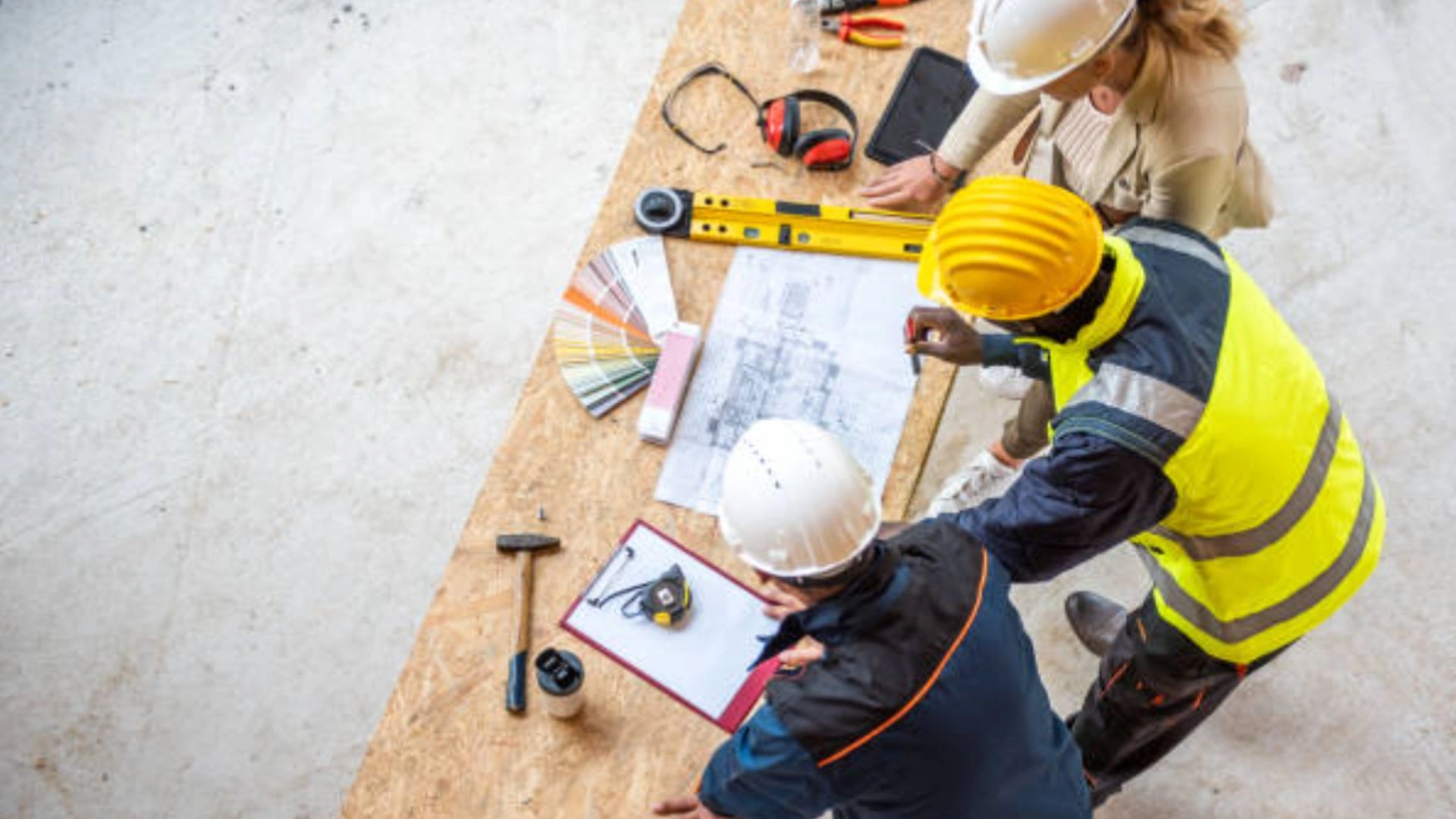 Contractor and inspector reviewing plans during a residential addition inspection