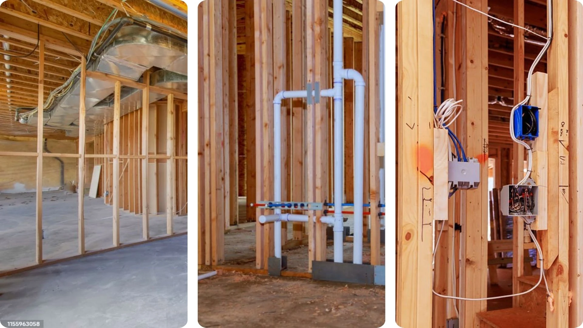 Rough plumbing electrical and mechanical systems installed inside framed residential walls before inspection