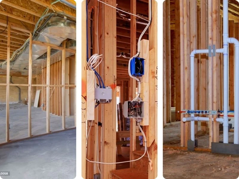 Rough MEP systems inside framed residential walls before drywall
