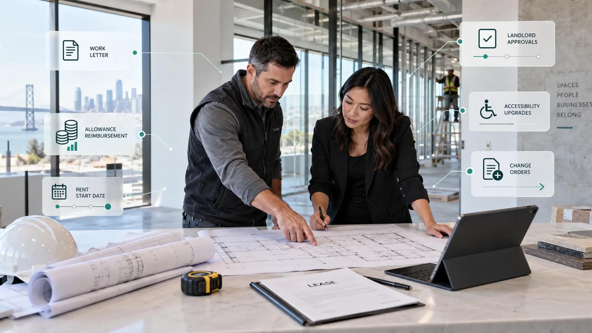 A man and a woman analyzing documents on the table