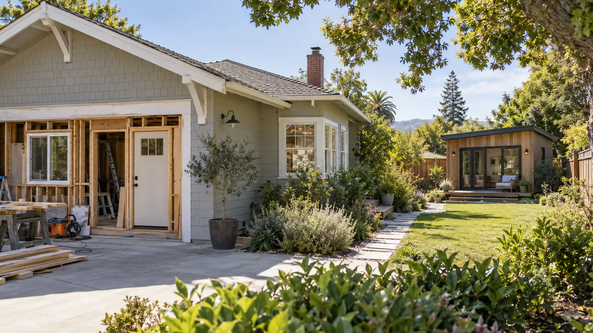 Garage conversion construction with a back-yard ADU.
