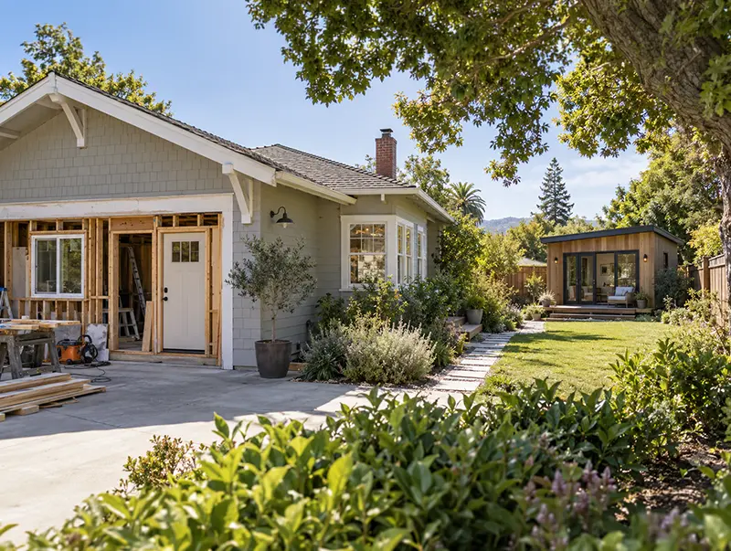 Garage conversion construction with a back-yard ADU.