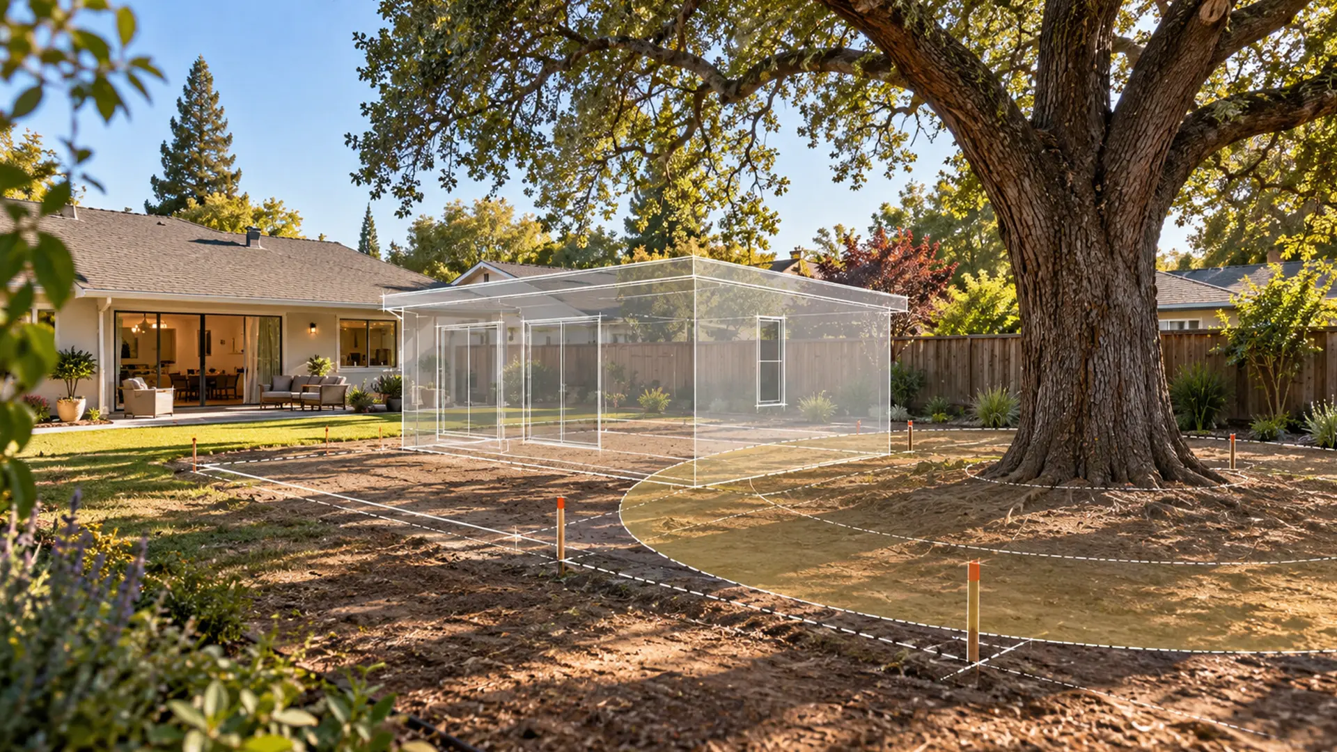 Backyard of a house with a tree with overlay blueprint of an ADU