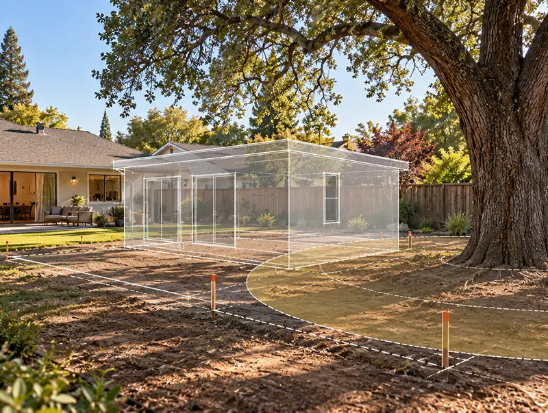 Backyard of a house with a tree with overlay blueprint of an ADU