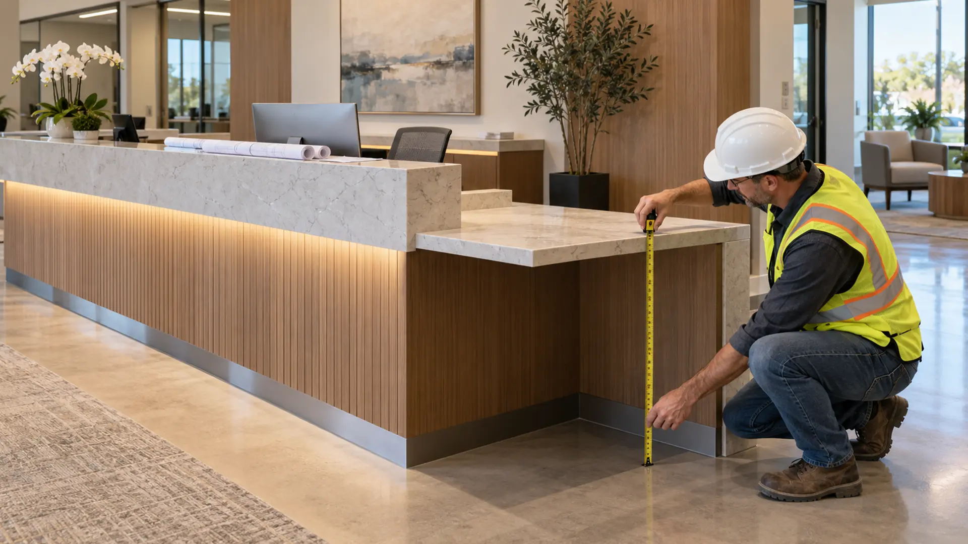 A construction inspector measuring a reception desk.