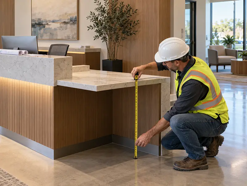 A construction inspector measuring a reception desk.