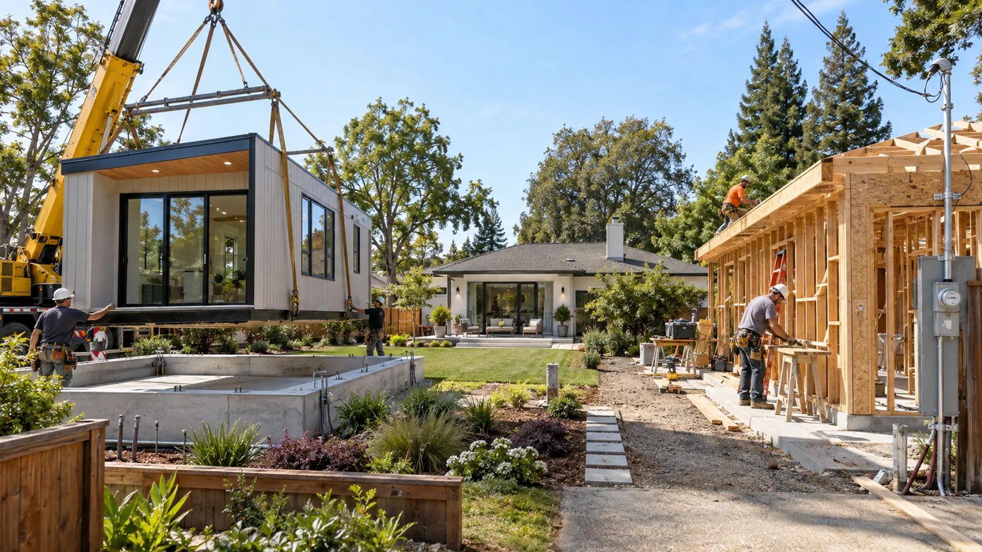 Back yard of a house with construction site of a prefab and custom ADU