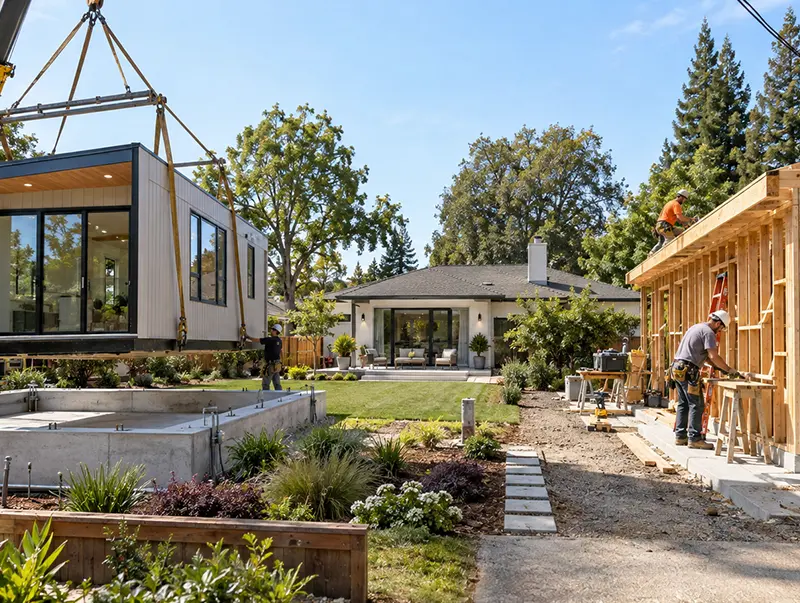 Back yard of a house with construction site of a prefab and custom ADU