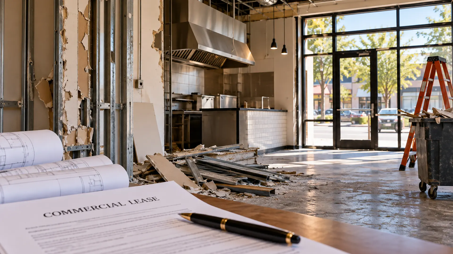 Removal of build out in a restaurant. A commercial lease in the foreground.