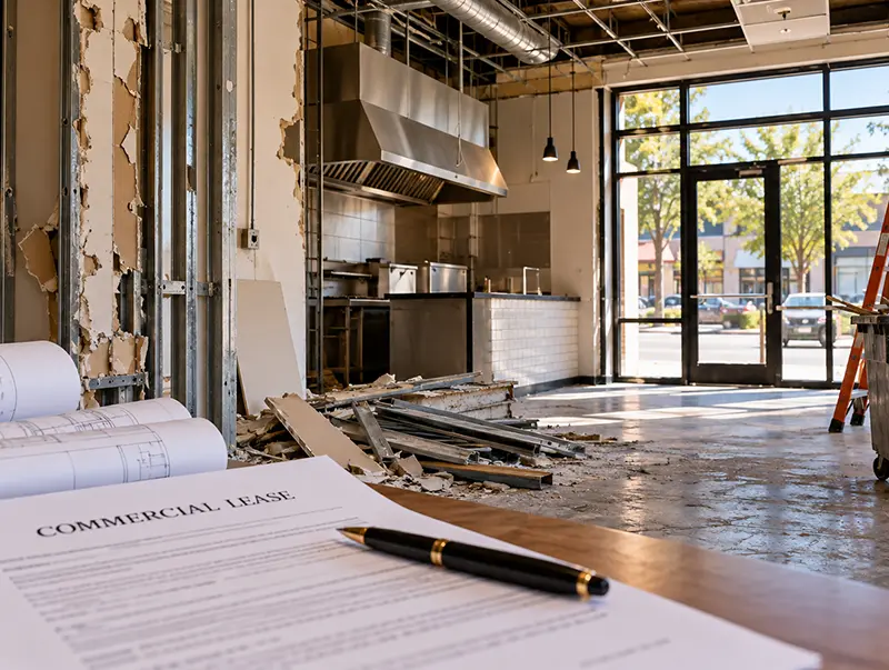 Removal of build out in a restaurant. A commercial lease in the foreground.