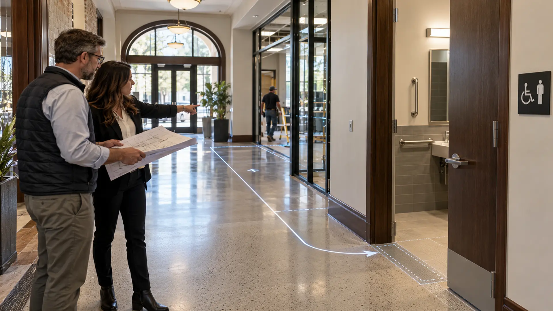 Two people analyze the accessibility in a office building.