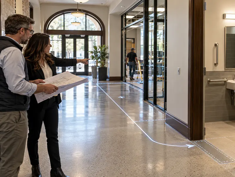 Two people analyze the accessibility in a office building.