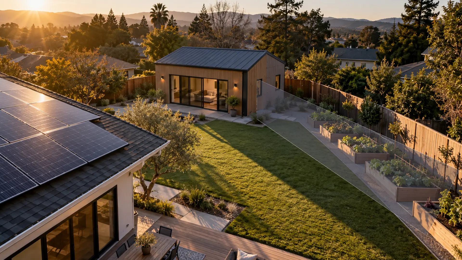 An ADU casting shadow on a lawn.