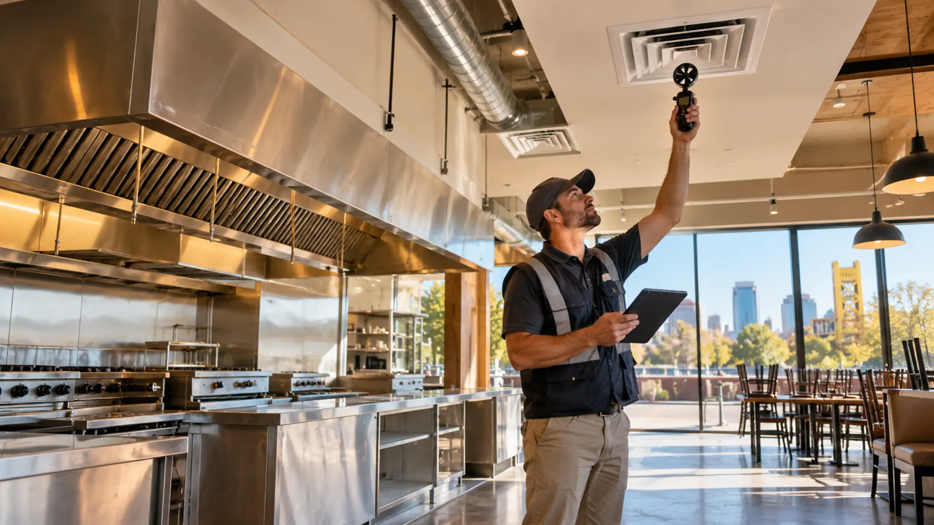 A construction worker measuring temperature in a restaurant HAVC
