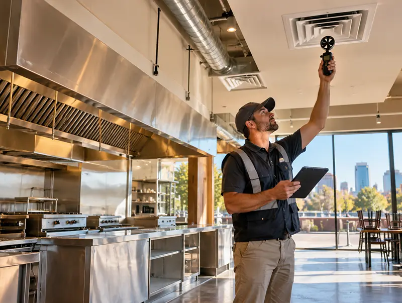 A construction worker measuring temperature in a restaurant HAVC