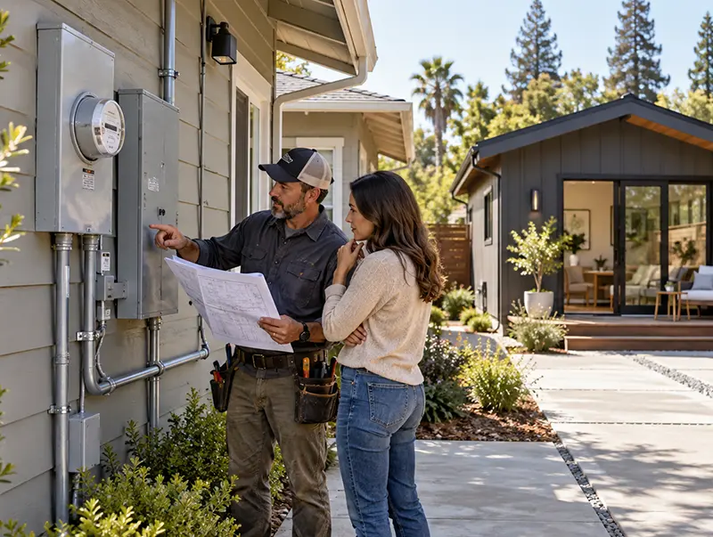 A construction worker showing something to the customer on electric meter.