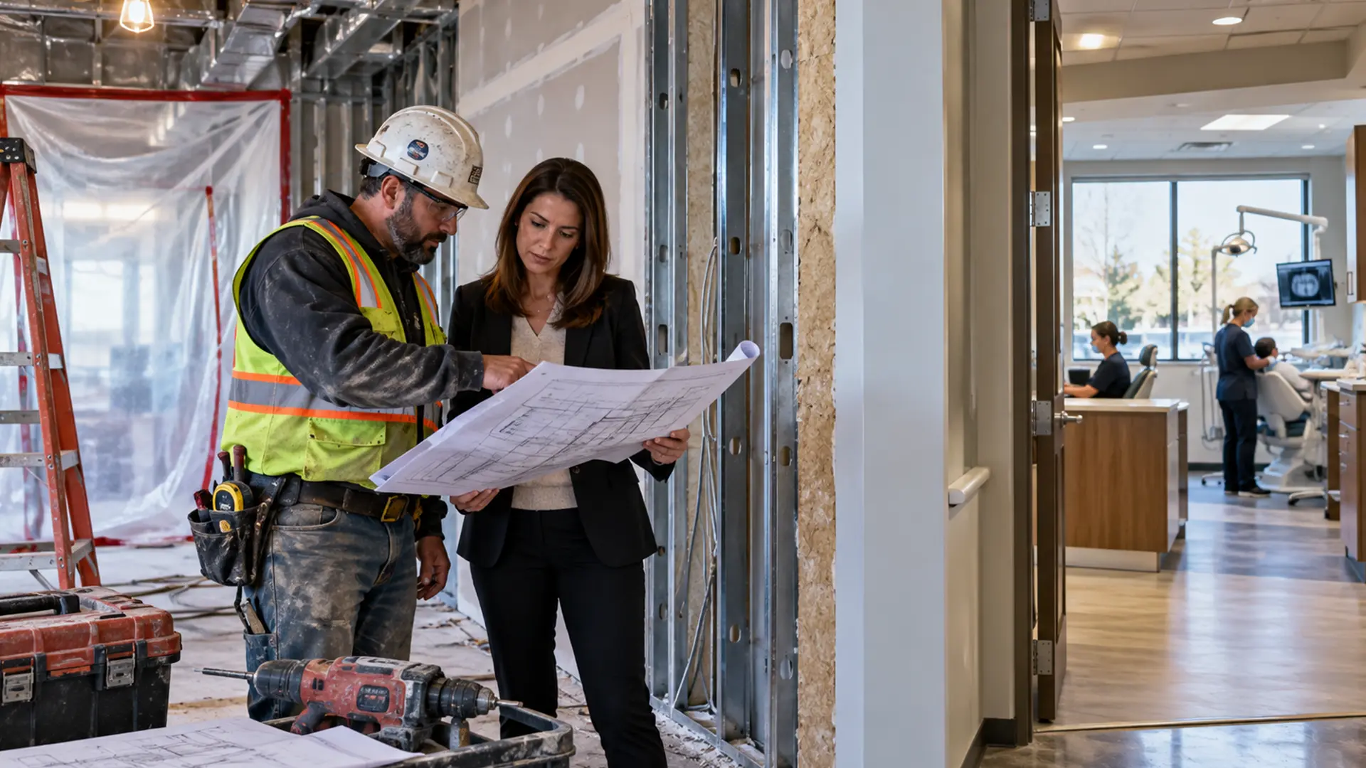 A construction worker discussing the blueprint with a client.