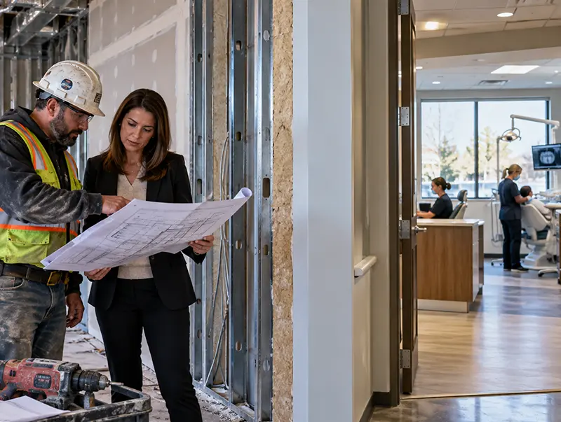 A construction worker discussing the blueprint with a client.