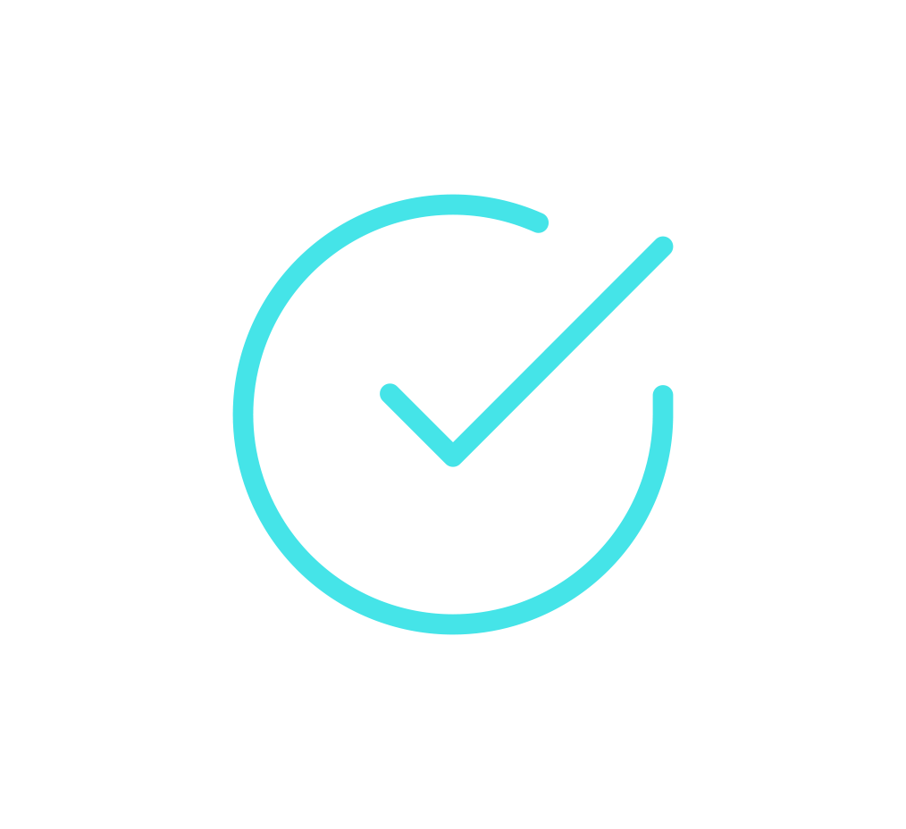 Bright turquoise checkmark inside an incomplete circular outline on a black background.