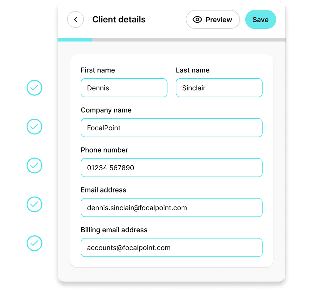 Client details form with fields filled: First name Dennis, Last name Sinclair, Company name FocalPoint, Phone number 01234 567890, Email dennis.sinclair@focalpoint.com, Billing email accounts@focalpoint.com, with Preview and Save buttons.