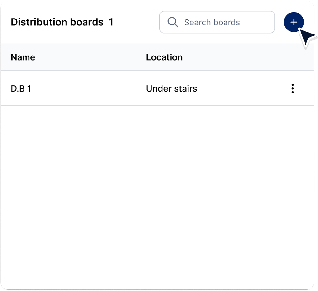 User interface showing a distribution boards list with one entry named 'D.B 1' located under stairs and a visible search bar and add button.